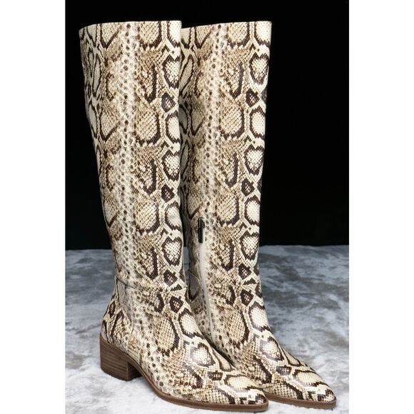 Vince Camuto BeaAnna Tan Leather Snake Print Knee High Boots Womens Size 7 - Picture 1 of 16